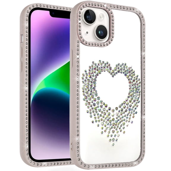 For iPhone 13/14 Beautiful ANGEL Hearts Glitter Shimmer Diamond Edged Hybrid Case - Beige