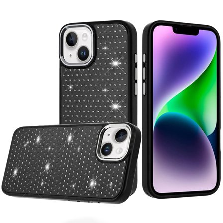 For iPhone 13/14 Beautiful Diamond Metallic Design Metal Chrome Edged Hybrid - Black