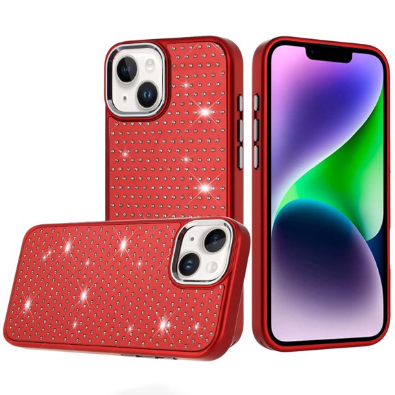 For iPhone 13/14 Beautiful Diamond Metallic Design Metal Chrome Edged Hybrid - Red