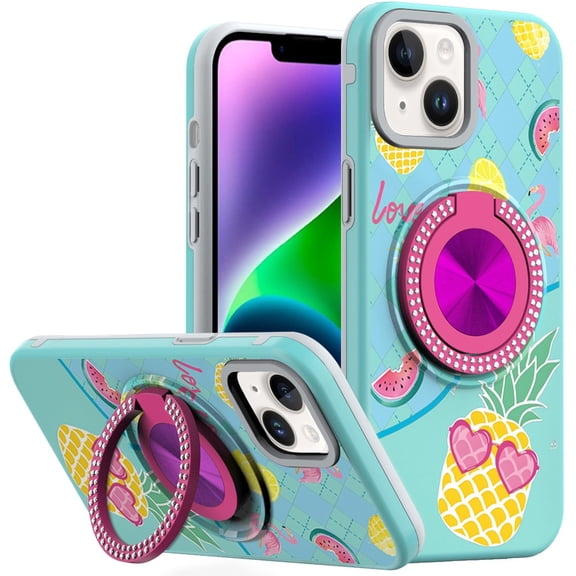 For iPhone 13/14 Metal Diamond CD Pattern Design Matte Finished Hybrid with Rotational Ring [Car Mount Friendly] Case - Pineapple