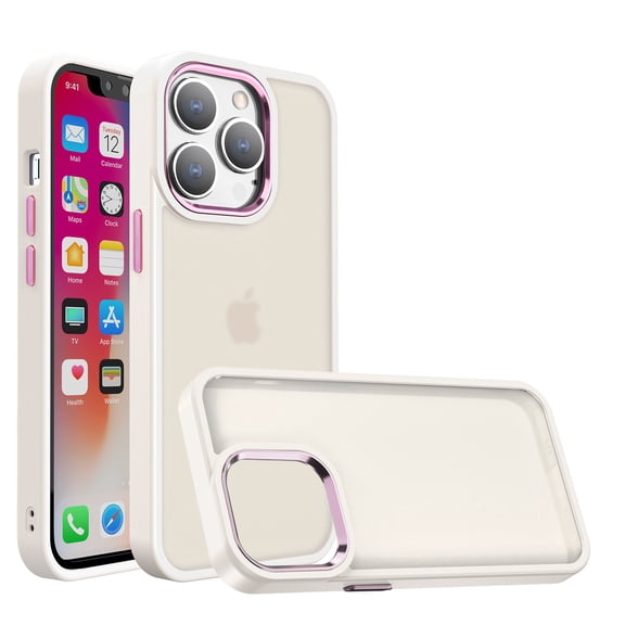 For iPhone 13/14 Polished Oil Thick Acrylic Metal Button Hybrid Case Cover - Beige
