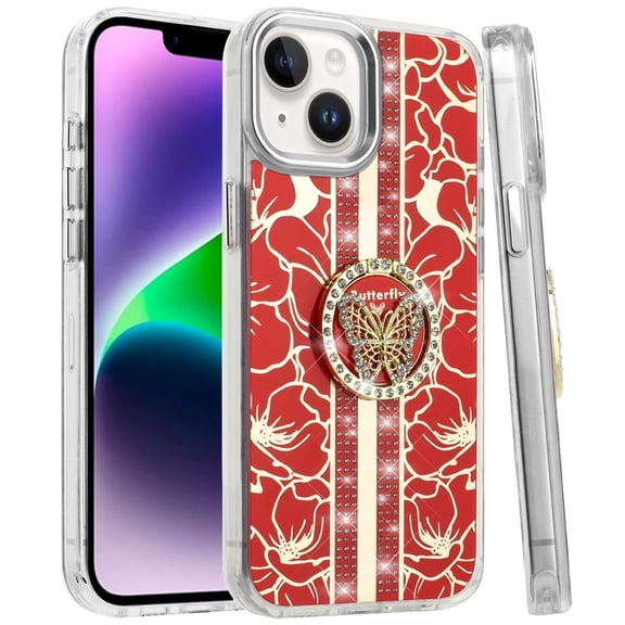 For iPhone 13/14 Splendid Floral Designs with Metal Camera and Buttons with Butterfly Ring Stand Hybrid Case - Red