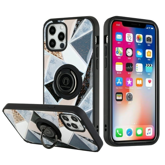 For iPhone 13 6.1 Epoxy IMD Design Magnetic Ring Stand Hybrid Case Cover - B