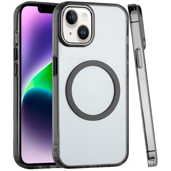 For iPhone 13 6.1 Magnetic Circle Ring Transparent Premium Acrylic with Metal Buttons & Camera Raised Lip - Black