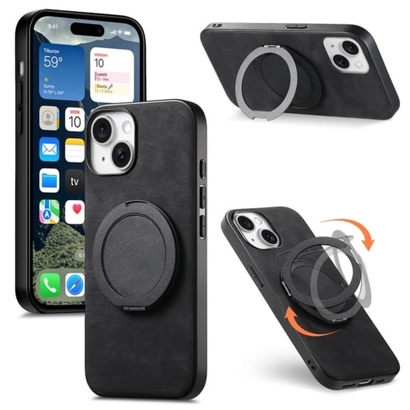 For iPhone 13 Case Retro Leather Circular Rotating Stand Shockproof Phone Case,Black,For iPhone 13