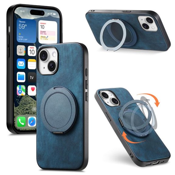 For iPhone 13 Case Retro Leather Circular Rotating Stand Shockproof Phone Case,Blue,For iPhone 13