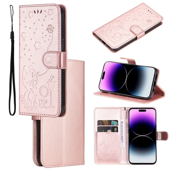 For iPhone 13 Luxury Wallet Case,Embossed Flower Cat[Hand Strap] Handmade Flip Folio Magnetic Closure Cover with [Kickstand Function] Credit Card Holder For iPhone 13, Rosegold