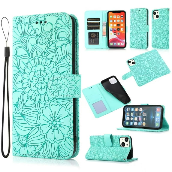 For iPhone 13 Mini Case, Premium Leather Magnetic Closure Flip Wallet Case with Card Holder Cash Slot Stand Function Embossed Flower Pattern Slim Shockproof Lanyard/Strap Cover,Green