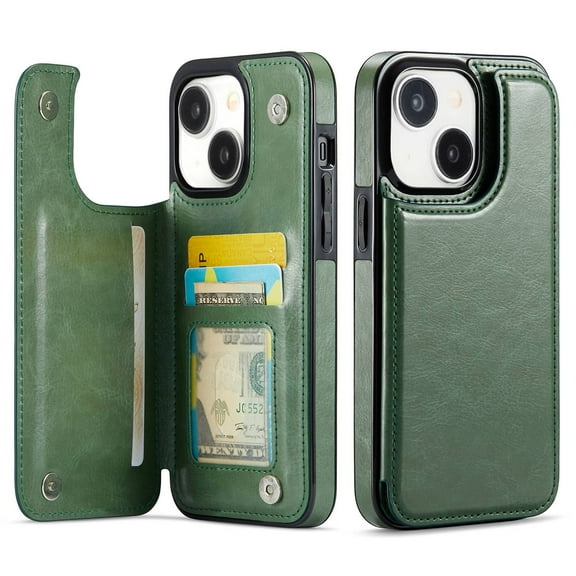 For iPhone 13 Mini Wallet Case with Card Holder, PU Faux Leather Kickstand Card Slots Case, Double Magnetic Clasp and Durable Shockproof Cover