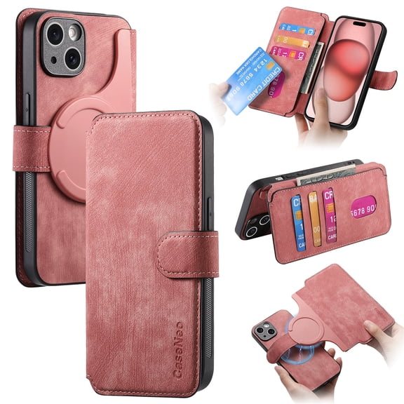 For iPhone 13 Phone Cover Detachable Magnetic Front Case Hard PC Back Case Stand Feature Card Pocket & Credit Slot Shock-Absorbent Dustproof Wallet Phone Case for Men or Women, Pink