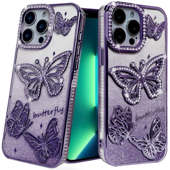 For iPhone 13 Pro Butterfly Freedom Shimmer Glitter Thick TPU Case Cover - Purple