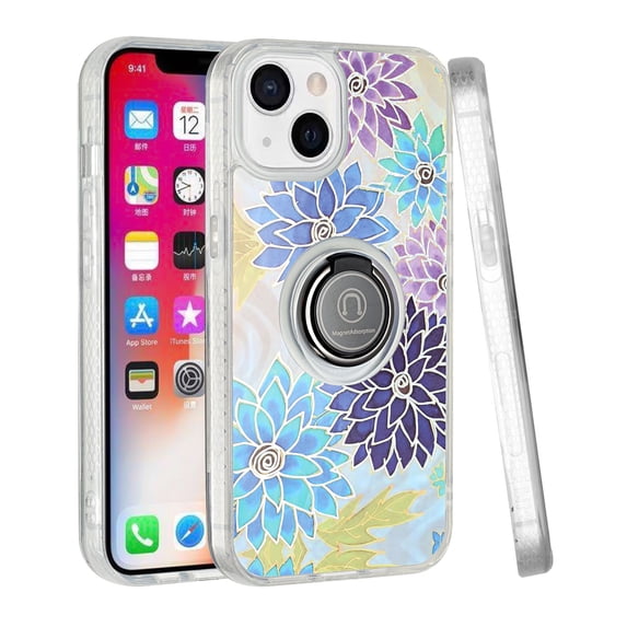 For iPhone 13 Pro Max AMAZE Floral IMD Hybrid with Magnetic Ring Stand Case Cover - D