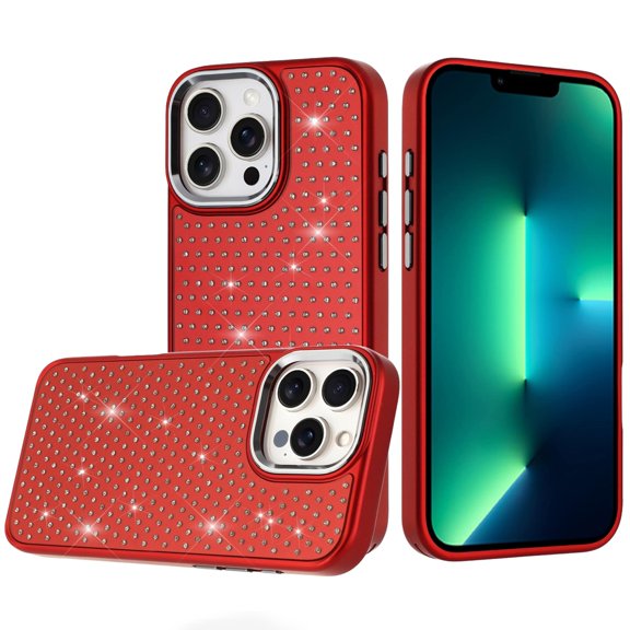 For iPhone 13 Pro Max Beautiful Diamond Metallic Design Metal Chrome Edged Hybrid - Red