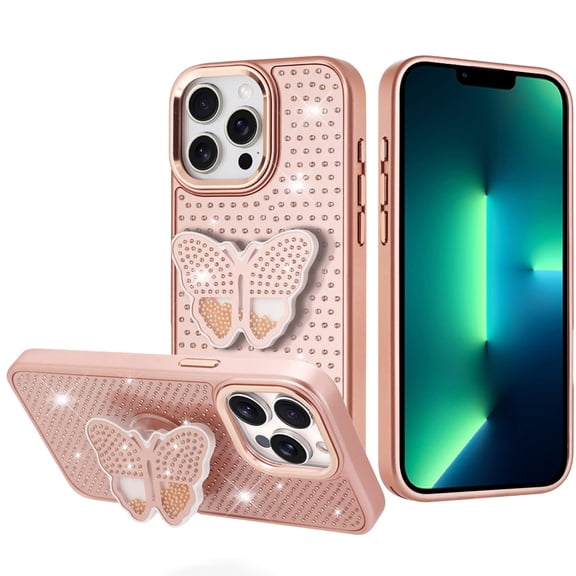 For iPhone 13 Pro Max Butterfly Moveable Grip Stand With Small Diamonds Meta Buttons HQ Hybrid - Rose Gold