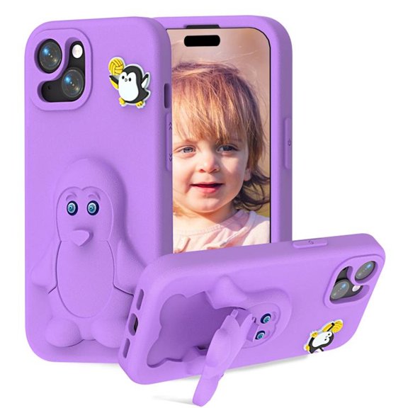 For iPhone 13 Pro Max Case Cartoon Penguin Baby Stand EVA Environmental Protection Anti Fall Phone Protective Cover,Purple,For iPhone 13 Pro Max