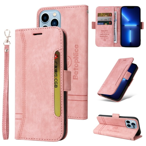 For iPhone 13 Pro Max Flip Case, Slide Card Pocket Premium PU Leather Folio Flip with Design Card Slots Wrist Strap Shockproof Kickstand Magnetic Protective Cover For iPhone 13 Pro Max, Pink