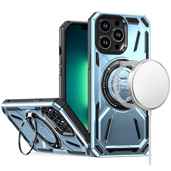 For iPhone 13 Pro Max Loop Hybrid with [Magnetic Ring Circle] 360 degrees Rotational Kickstand Case Cover - Light Blue