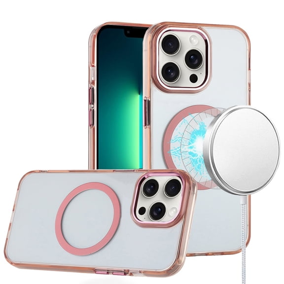 For iPhone 13 Pro Max Magnetic Circle Ring Transparent Premium Acrylic with Metal Buttons & Camera Raised Lip - Rose Gold