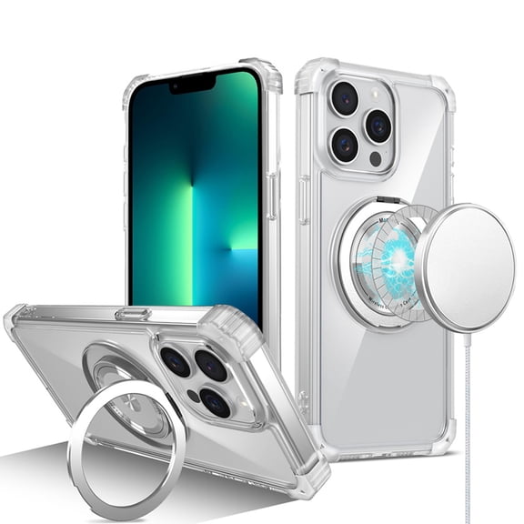 For iPhone 13 Pro Max Shield Magnetic Ring Transparent HQ 360 Degree Rotational Shockproof Case Cover - Clear