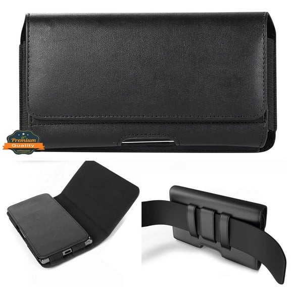 For iPhone 13 Pro Max Universal Leather Belt Holster Horizontal Pouch Phone Holder with Belt Loop / Clip Waistband (X-Large) Cover - Black