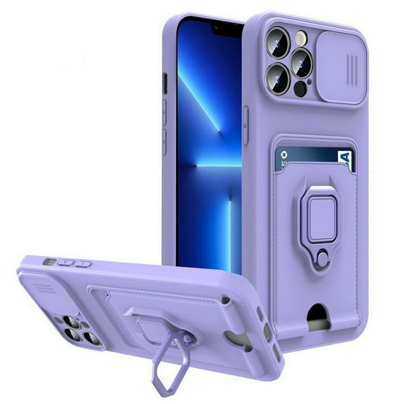For iPhone 13 Purple Multi Function Case with Magnetic Ring Holder Camera Shutter & Card holder