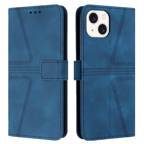 For iPhone 13 Wallet Case,Leather Flip Case RFID Blocking Credit Card Holder Folio Magnetic Stand TPU Interior Shockproof Cover Color Matching With Wrist Strap,Blue
