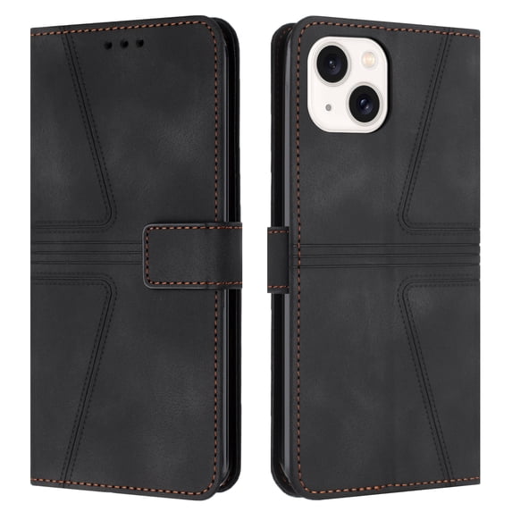 For iPhone 13 Wallet Case,Leather Flip Case RFID Blocking Credit Card Holder Folio Magnetic Stand TPU Interior Shockproof Cover Color Matching With Wrist Strap,Black