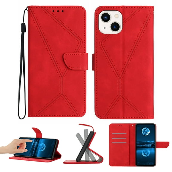 For iPhone 13 Wallet Case with [RFID Blocking] Leather Flip Folio Strong Magnetic Closure Cover Credit Card Holder with Hand Strap Kickstand Men Women For iPhone 13, Red