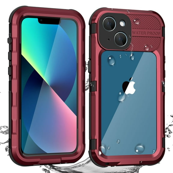 For iPhone 13 Waterproof Case Heavy Duty Aluminum Shockproof Metal Full Body Cover Built-In Screen Protector ( Red)