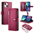 thumbnail image 1 of For iPhone 13 mini 5.4-inch Wallet Case for Women Men Multi-Card Slots Zipper Pocket Lanyard Strap Wristlet Leather Phone Case,Red,For iPhone 13 mini, 1 of 7