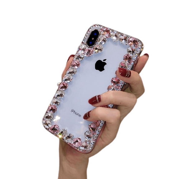For iPhone 13promax Case Luxury Shiny Crystal Rhinestones Diamond Silver Chain Clear Case Cover (Pink)