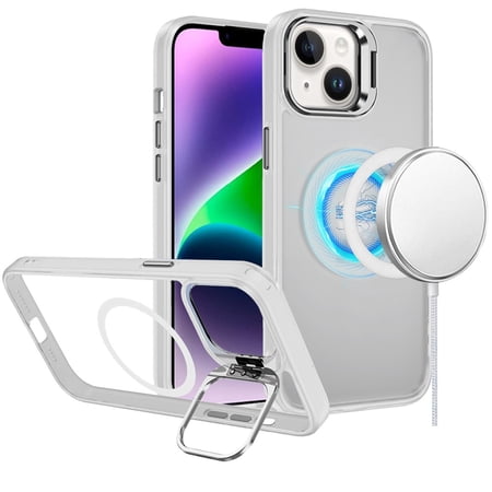 For iPhone 14/13 Fearless Tough HQ Metallic Hybrid with Camera Ring Stand [Magnetic Circle] Case - Clear