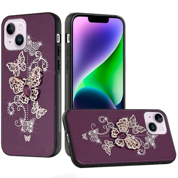 For iPhone 14/13 SPLENDID Diamond Glitter Ornaments Engraving Case Cover - Garden Butterflies Dark Cherry