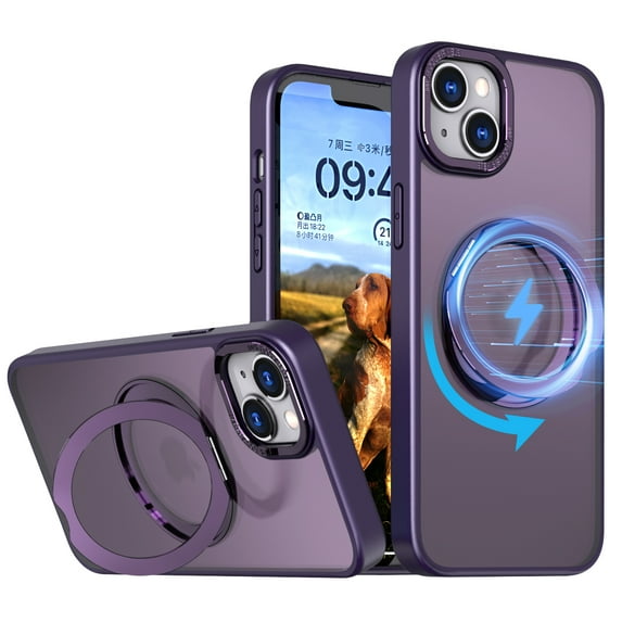 For iPhone 14 Case Magnetic, Compatible with Magsafe Matte Back Cover Rotating Kickstand Bumper Rugged Phone Case Cover for Apple iPhone 14, Purple