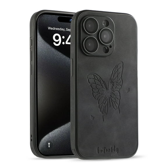 For iPhone 14 Case Plain Butterfly Pattern with Camera Lens Protection Shockproof Soft Protective Synthetic Leather Slim Phone Case Cover for iPhone 14 Case 6.1 Inch, Black