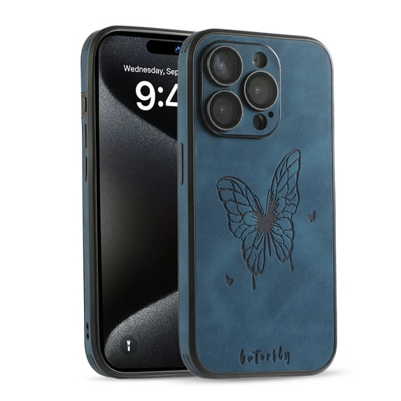 For iPhone 14 Case Plain Butterfly Pattern with Camera Lens Protection Shockproof Soft Protective Synthetic Leather Slim Phone Case Cover for iPhone 14 Case 6.1 Inch, Blue