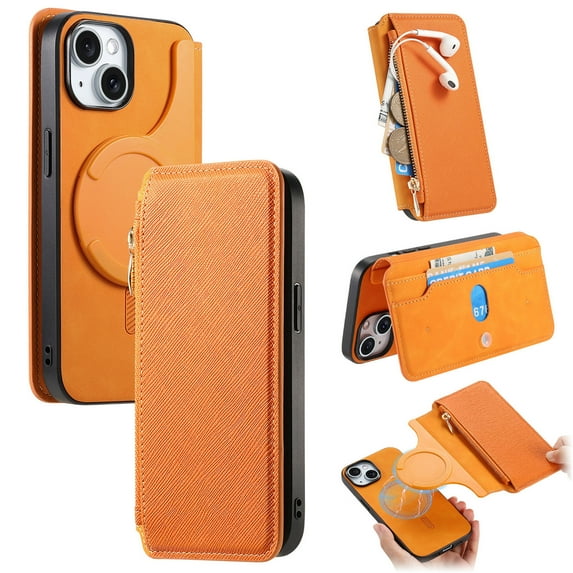 For iPhone 14 Case with RFID Blocking Card Holder for Women and Men,Compatible with MagSafe,Detachable Wallet 2 in 1 PU Leather Magnetic Snap Flip Kickstand Zipper Pouch Phone Case,Yellow