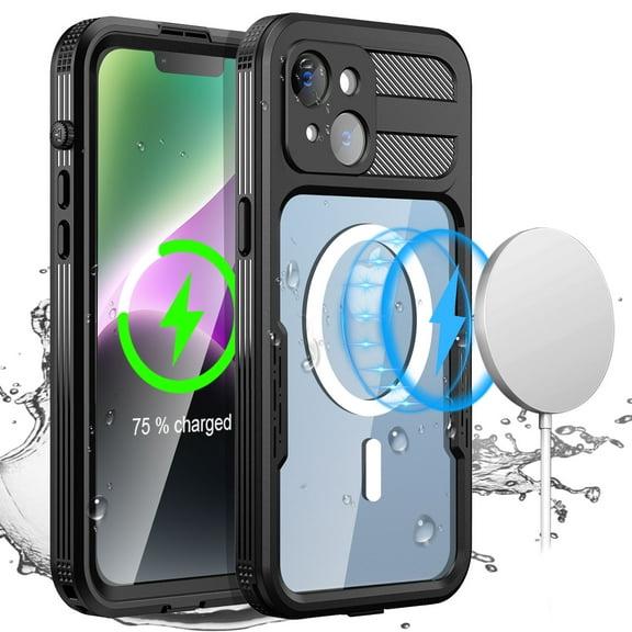 "For iPhone 14 Case Waterproof,Built-in Screen Protector [Real 360][IP68 Underwater][14FT Military Dropproof][Dustproof][Compatible with Mag-Safe] - Black/Clear"