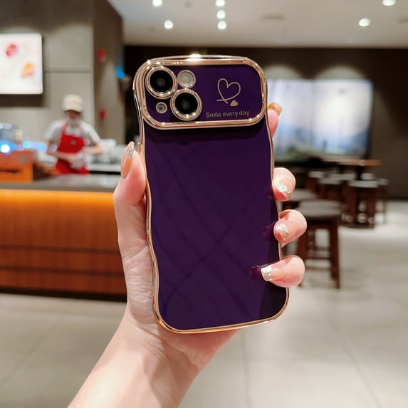 For iPhone 14 Case,for Women Girls Soft Cute Wave Frame Curly Shape Love Heart Luxury Plating Phone Case,Luxury Slim Plating EdgeCase,Anti-slip Grip,Full camera lens protection,Darkpurple