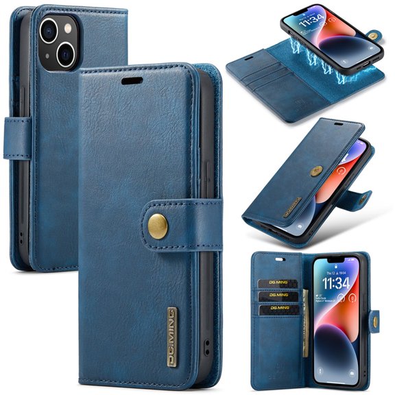 For iPhone 14 DG.MING Crazy Horse Texture Detachable Magnetic Leather Phone Case,Blue,For iPhone 14