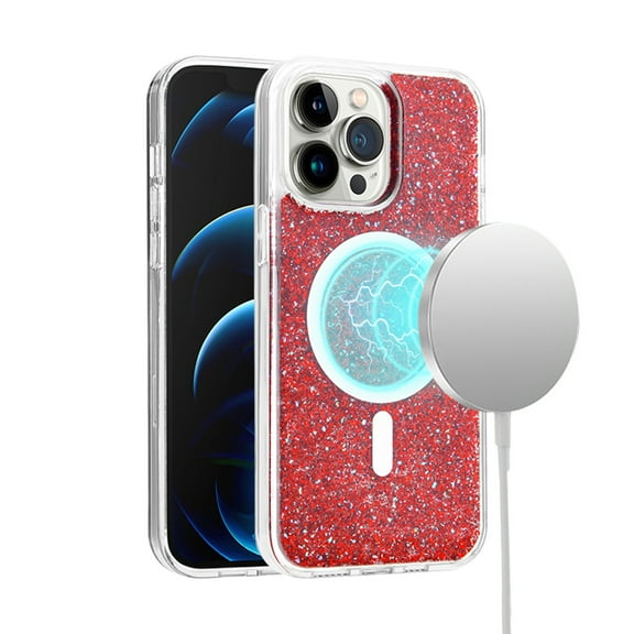 For iPhone 14 PRO 6.1" Epoxy Glitter [Magnetic Circle] ShockProof Hybrid 2.5mm Thick - Red