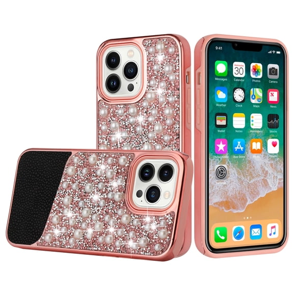For iPhone 14 PRO Case Bling Faux Rhinestone and Pearl Hybrid Fashion Cover