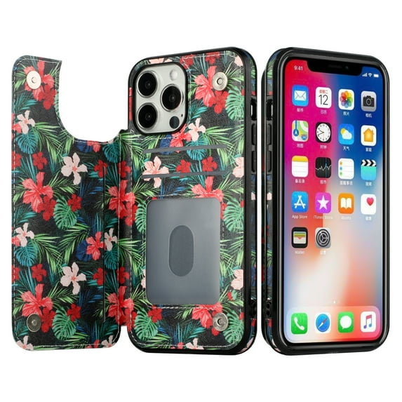 For Apple iPhone 14 PRO 6.1" Luxury Side Magnetic Button Card ID Holder PU Leather Case Cover - Foral C