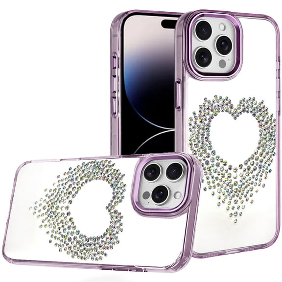 For iPhone 14 PRO MAX 6.7" Angel Hearts Bling Shimmer Colorful Glitter Chrome Edged Hybrid Case - Purple