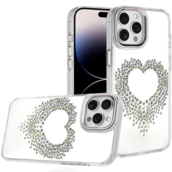 For iPhone 14 PRO MAX 6.7" Angel Hearts Bling Shimmer Colorful Glitter Chrome Edged Hybrid Case - Silver