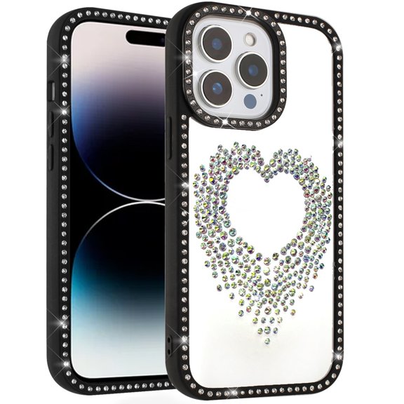 For iPhone 14 PRO MAX 6.7" Beautiful ANGEL Hearts Glitter Shimmer Diamond Edged Hybrid Case - Black