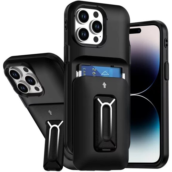 For iPhone 14 PRO MAX 6.7" Card Holder (2X) with Wrist Strap Hybrid With KickStand - Black+Black