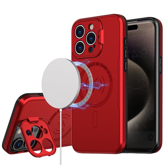 For iPhone 14 PRO MAX 6.7" Magnetic Ring Circle Camera Cap KickStand Hybrid UV Paint Matte Finish Case - Red