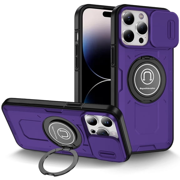 For iPhone 14 PRO MAX 6.7" Push Mount Friendly Camera Protective [Ring Stand] Hybrid Case - Dark Purple