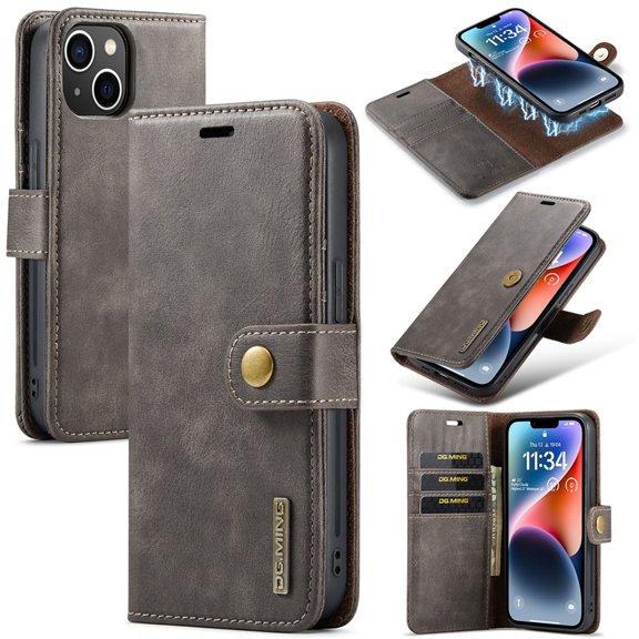 For iPhone 14 Plus DG.MING Crazy Horse Texture Detachable Magnetic Leather Phone Case,Grey,For iPhone 14 Plus